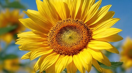 Obraz premium A photo of a sunflower with a clear blue sky in the background and several green leaves in the foreground, taken from a close angle
