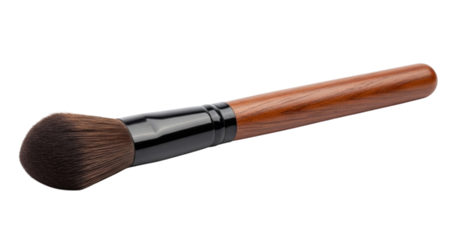Makeup brush with wooden handle and soft bristles for applying powder on skin transparent background, cutout PNG