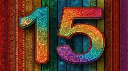15temmuz for powerful colours signs editable pride vote occasion concept. Colorful number 15 with ornate swirl pattern on vibrant striped background