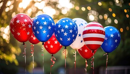 Vibrant Red White And Blue Star Speckled Balloons Floating In Bright Sunlight Against Blurred Green Foliage