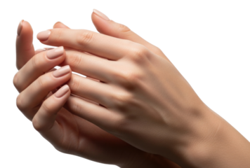 Elegant hands in soft nude nail polish gesture against transparent background, cutout PNG