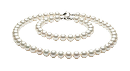 Elegant white pearl necklace and bracelet set with silver clasp, transparent background, cutout PNG