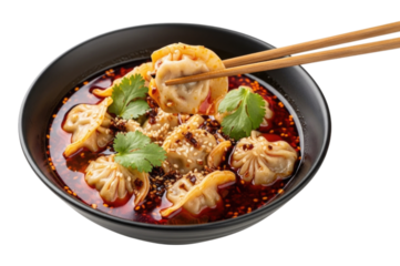 Dumplings in spicy sauce garnished with cilantro and sesame served in a black bowl with chopsticks transparent background, cutout PNG