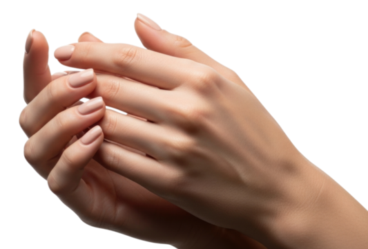 Elegant hands in soft nude nail polish gesture against transparent background, cutout PNG