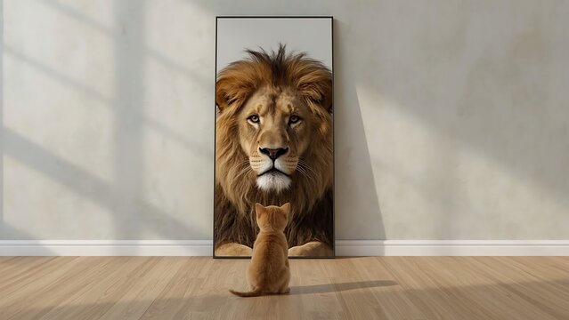 A small orange kitten sat on a wooden floor, looking into a mirror. The reflection of the kitten was a majestic, graceful male lion with a thick, golden mane.