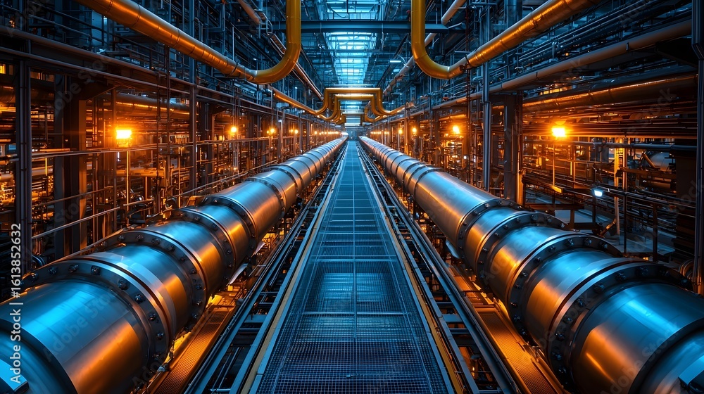 Poster a futuristic factory with a network of vibrant pipelines long title a modern clean and efficient ind