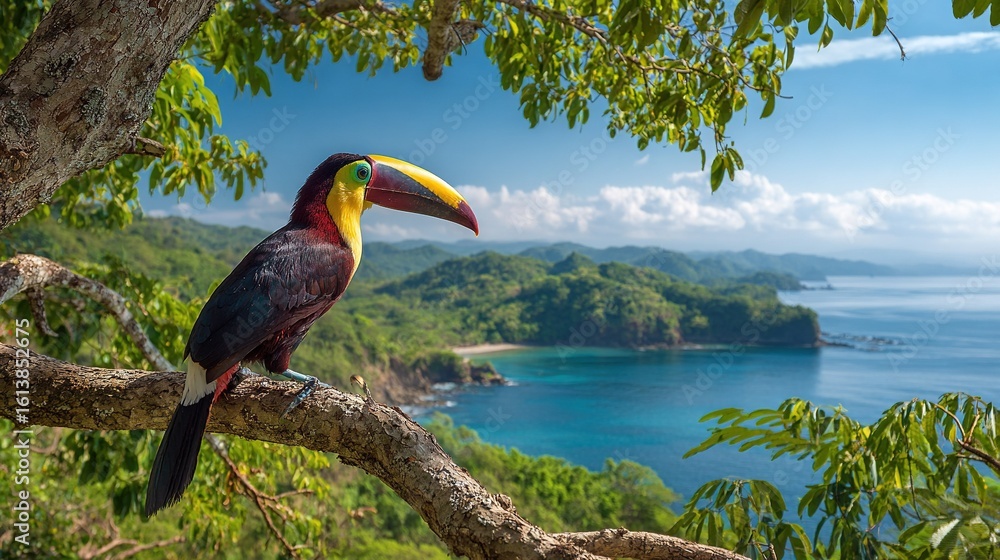 Poster a colorful bird on a tree branch overlooked the ocean and mountains in the background