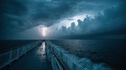 Fototapeta premium A vast expanse of water contains a boat at its center and a lightning bolt pierces the sky above it