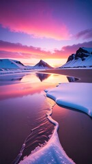 Vibrant Sunset Sky Reflecting On Icy Waters and Snow Covered Mountains