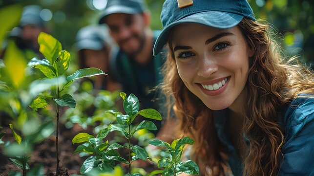 A group planting a tree as a sustainable green initiative