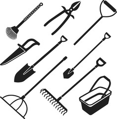 Collection of garden tools and gardening equipment in black and white