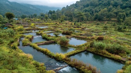 Fish ponds in a valley. Lush greenery