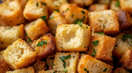 Close up of crunchy golden garlic croutons with fresh herbs for culinary inspiration