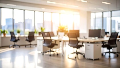 Blurred office interior with desks and sunlight
