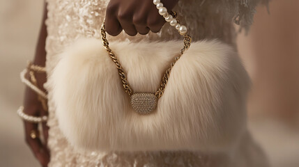 A woman holding a white fur purse with a gold chain and pearl handle and wearing pearl bracelets