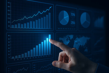Hand interacting with digital data visualization dashboard, business analytics, financial growth, and performance monitoring concept