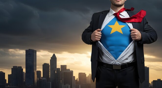 Businessman Superhero With Sunset In City