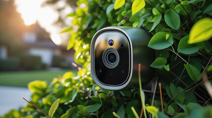 A modern security camera peeks through green foliage, capturing outdoor surveillance at sunset.