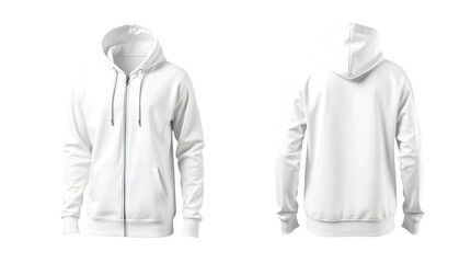 White hoodie with zipper in front and back view, mockup isolated on transparent background