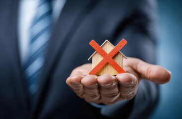 Businessman holds a small wooden house with a red 'x' on it