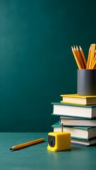 Vertical School Supplies with Yellow Books and Pencil Holder on Teal Background