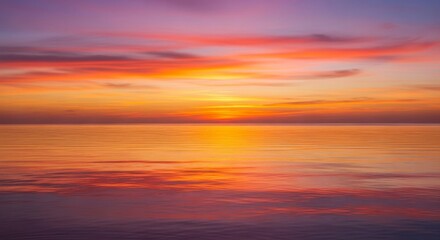 Obraz premium Serene ocean sunset with vibrant colors reflecting on the calm water, creating a peaceful and tranquil ambiance