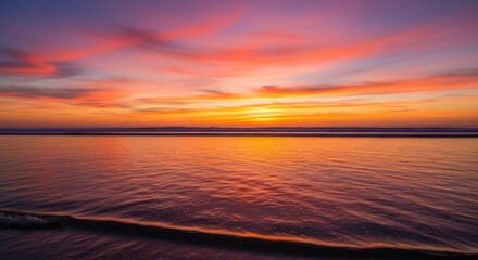 Serene ocean sunset with vibrant colors reflecting on the calm water, creating a peaceful and tranquil ambiance