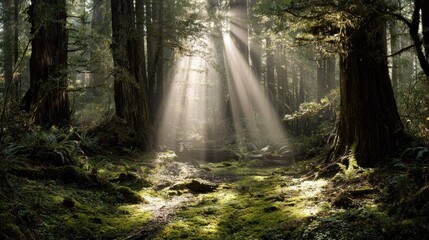 Fototapeta premium Sunlight streams through a dense forest
