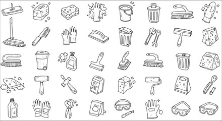 Hand-drawn Doodle Icons Set: Cleaning Supplies, Household Tools  Safety Gear. Sketch Collection for Home Maintenance, DIY, and Professional Equipment.