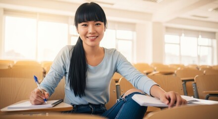 Happy college student during a classroom lecture looking into a camera.