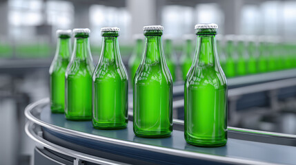 Green glass bottles on conveyor belt in factory setting