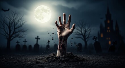 A ghoulish, decaying zombie hand bursts dramatically out of dark, disturbed earth in the foreground