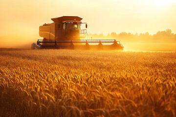 Naklejka premium Large combine harvester in scenic wheat field during golden sunset
