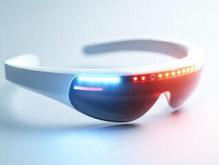 Futuristic smart glasses with a sleek white frame and illuminated red and blue LED lights on the visor, showcasing advanced wearable technology.