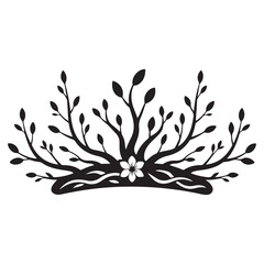 Black silhouette of branches with leaves and a flower in the center