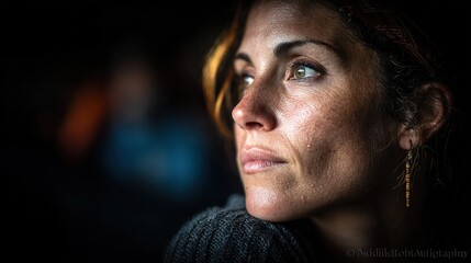 Fototapeta premium Pensive Woman Looks Away in Thoughtful Portrait with Natural Light