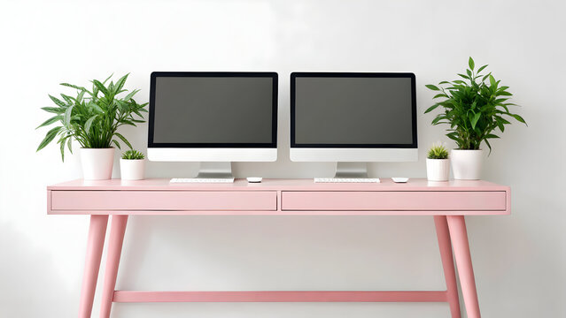 Modern minimalist pink desk setup with dual monitors and potted plants
