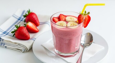 Single glass of strawberry banana smoothie with straw, topped with sliced strawberry and banana, served on a white plate with breakfast napkin and spoon