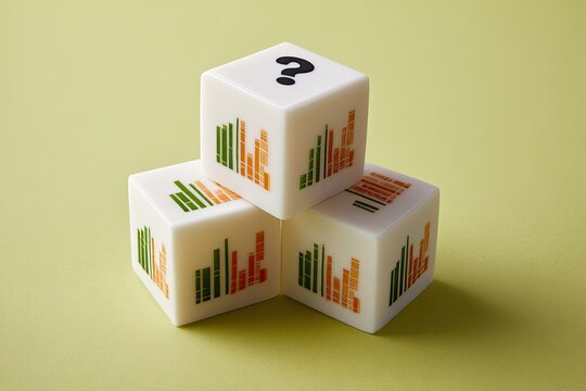 Three white cubes stacked, each displaying bar graphs, with a question mark on top cube