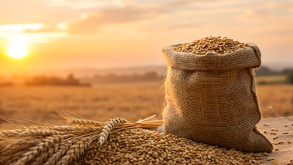 Organic wheat grains in burlap bag at sunset