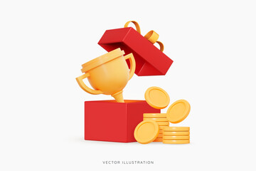 3D Open red Gift box with Golden Trophy cup and coins. Bonus for winning in game. Sport and competition. Surprise and reward. Cartoon design icon isolated on white background. 3D Vector illustration