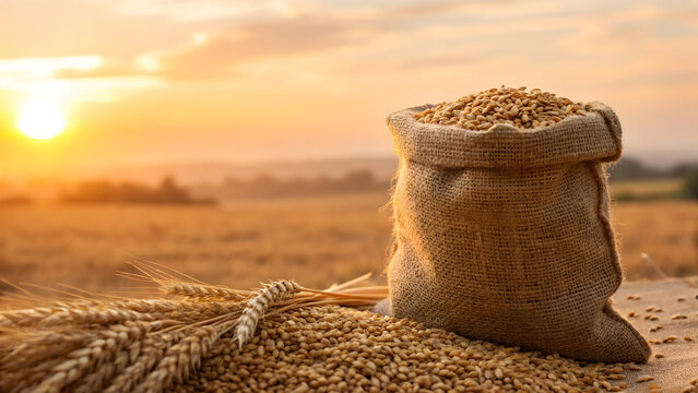 Organic wheat grains in burlap bag at sunset