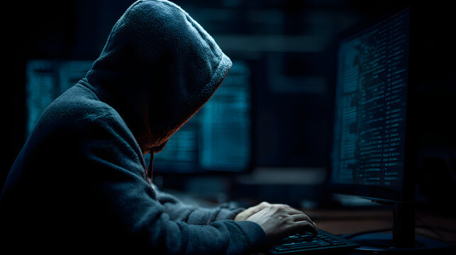 hacker front of his computer committing digital cybercrime