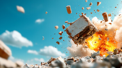 Explosive destruction incident urban area high-impact event dramatic environment aerial view chaos unleashed