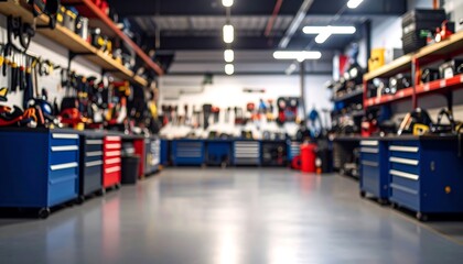 Fototapeta premium Blurred workshop interior with tool storage units