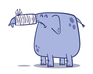 Cute cartoon elephant with a bandaged trunk and sad expression, injured and standing on a white background. Vector illustration.