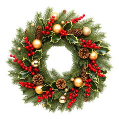 Festive christmas wreath with holly berries and pinecones isolated on transparent background