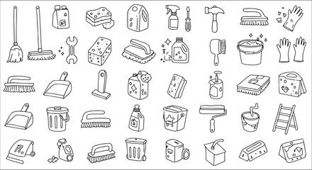 Naklejka premium Comprehensive collection of black and white outline icons featuring a variety of household cleaning tools, equipment, and supplies like brooms, mops, buckets, detergents, and brushes.