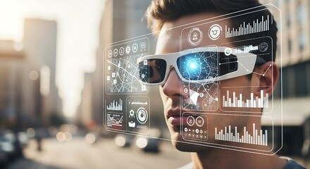 Innovative augmented reality eyewear in an urban environment, displaying digital data interfaces for an immersive future technology experience.