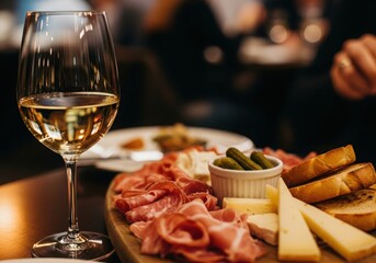 Glass of white wine with charcuterie board and pickles drink beverage